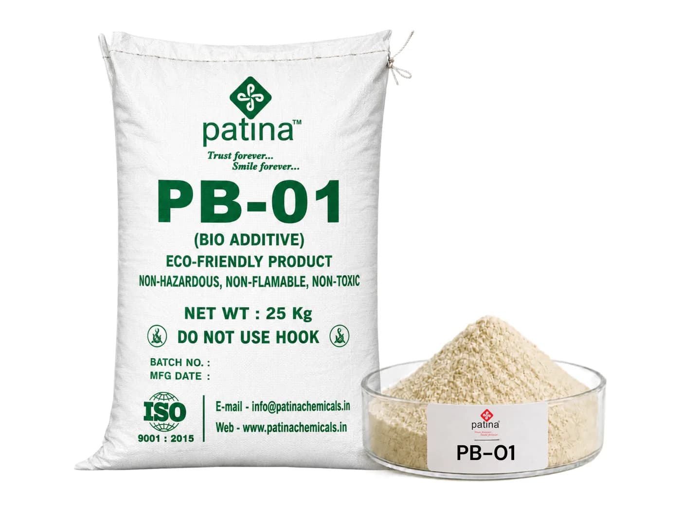 A 25 kg sack of Patina PB-01 bio additive beside a dish of the pale cream powder