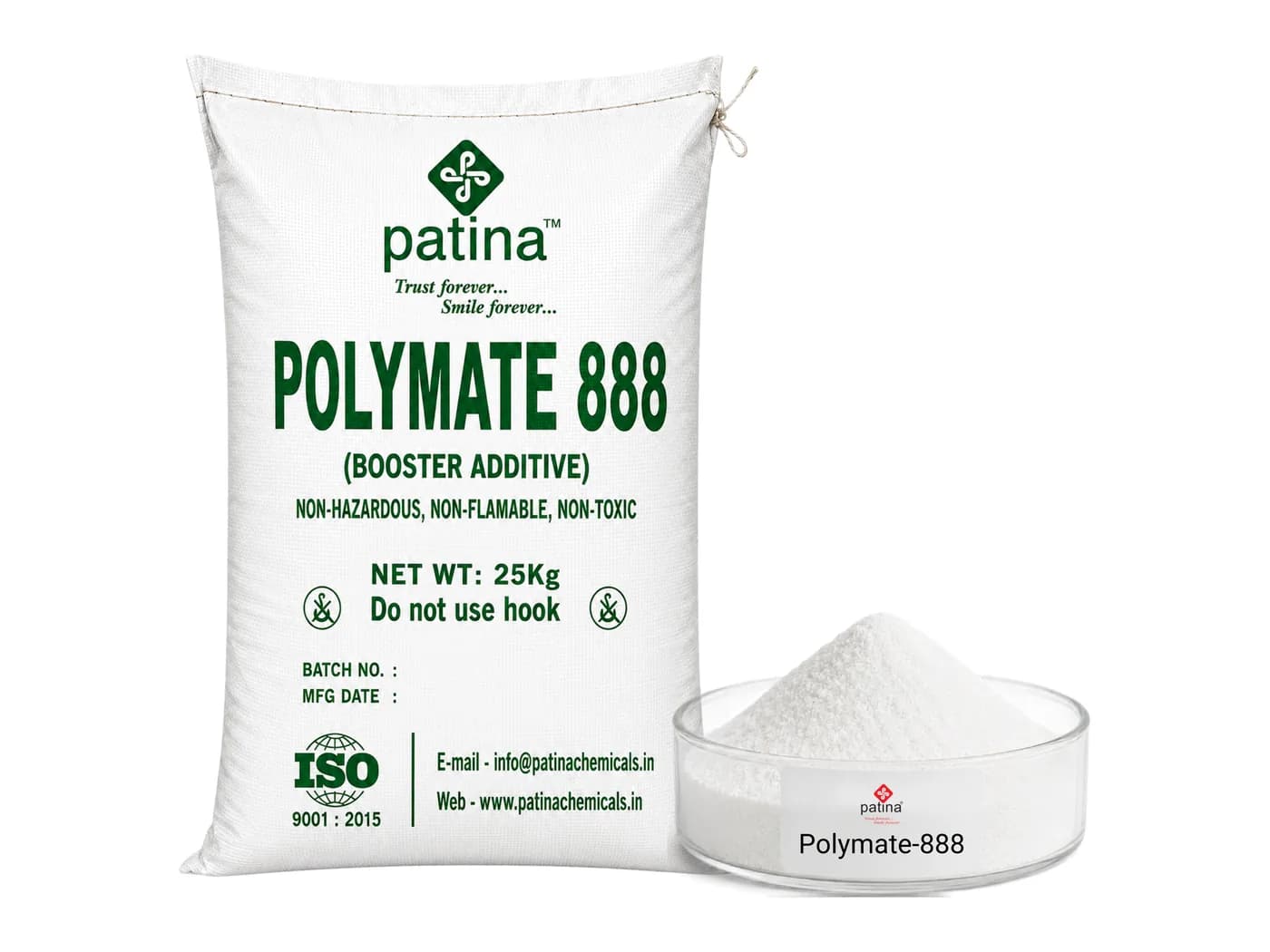 A 25 kg sack of Polymate-888 resin booster beside a dish of the fine white powder