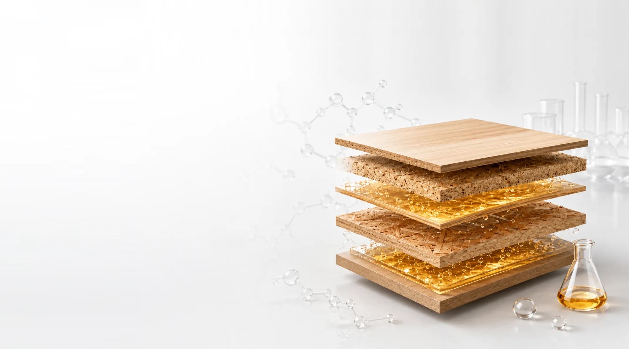 An exploded wood panel — veneer, particle board and strand board layers separated by glowing amber adhesive — beside a flask of resin